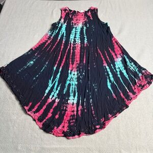 Just Cruising Tie‎ Dye Handkerchief Hem Dress Pink Turquoise Beaded Rayon OS